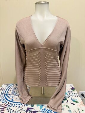 Yves Saint Laurent Dusty Rose V-Neck Long Sleeve Top 100% Seta/Silk